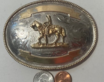 Fibbia per cintura in metallo vintage, bel design in argento e ottone, cowboy su cavallo, bel design, 4" x 3", resistente, qualità, metallo spesso