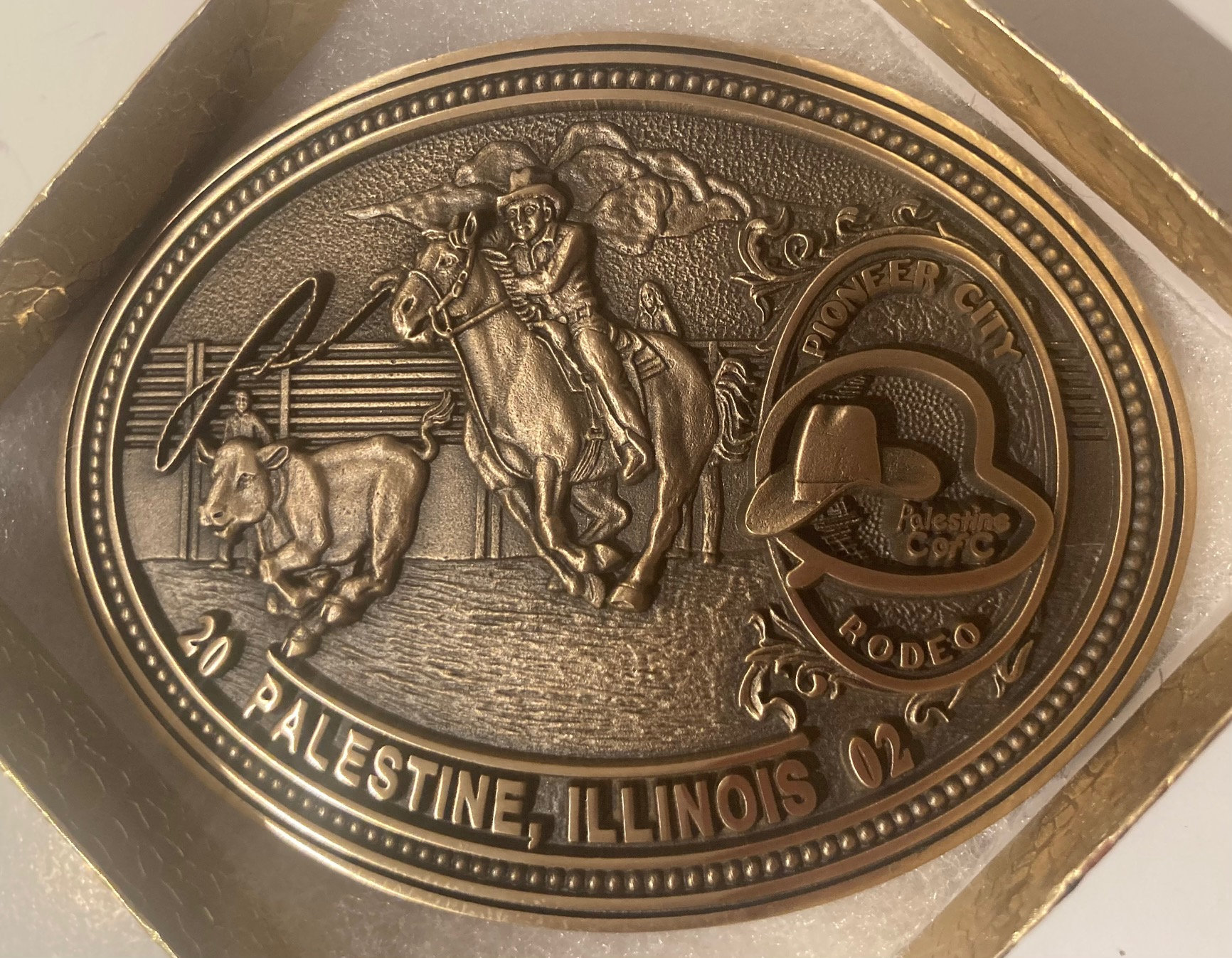 Vintage 2002 Metal Belt Buckle, Brass, Pioneer City Rodeo, Palestine, Illinois, Nice Western Design, 3 3/4" x 2 3/4", Quality, Made in USA