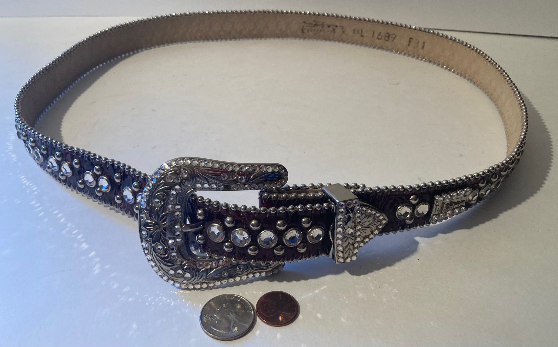 Vintage Leather Crystal Belt and Buckle, B. B. Simon, Hand Tooled, Silver,  Fully Loaded, So Nice, Belts, Quality, Hand Made in USA