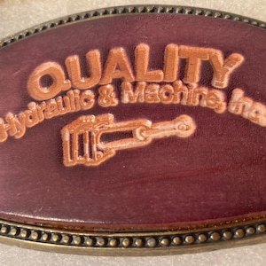 Vintage Metal Belt Buckle, Leather, Quality Hydraulic & Machine, Inc, 3 1/2&quot; x 2 1/4&quot;, Heavy Duty, Quality, Thick Metal, Made in USA