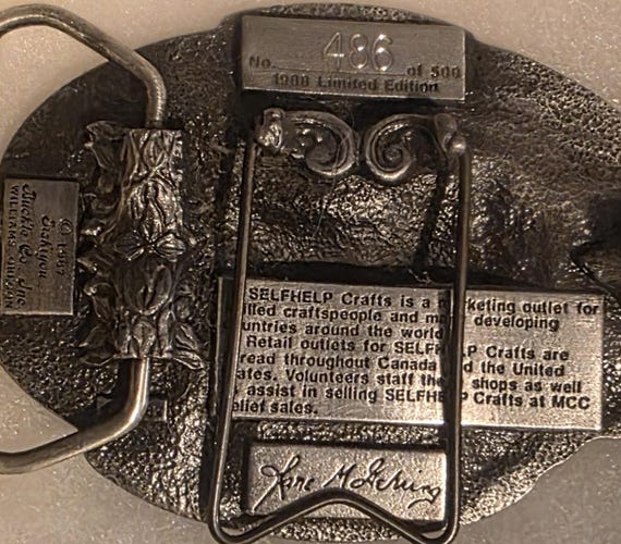 Vintage 1988 Metal Belt Buckle, Mid Kansas Relief Sale, Elephant, Sits on Stand in Back View 4