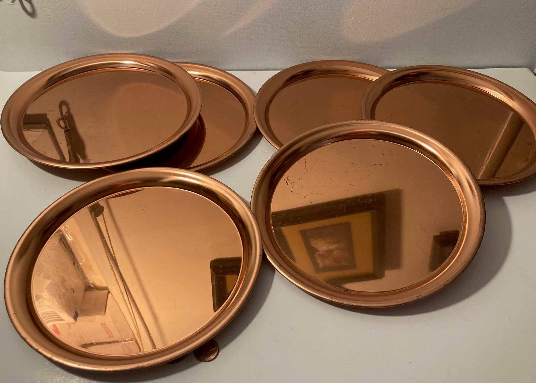 Vintage Lot of 6 Metal Copper Plates, 8 1/4 , Quality, Home Decor, Table  Display, Shelf Display 