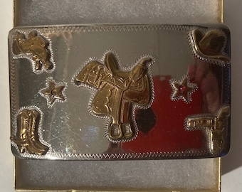 Vintage Metal Belt Buckle, Silver and Brass, Saddle, Holster, Cowboy Boots, Heavy Duty, Quality, Cowboy Style, Thick Metal, Country