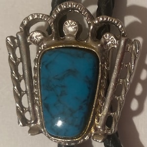 Vintage Metal Bolo Tie, Silver and Blue Turquoise Stone, Western Design, 1 1/4&quot; x 1 1/4&quot;, Nice Design, Heavy Duty, Made in USA