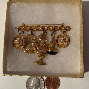 Vintage Brass Charm Brooch, Pin, Maxine Denker, Pearls, Horse, Spinning, Lady, Trophy, Glass Stone, Quality, Fashion, Unique, Made in USA image 1