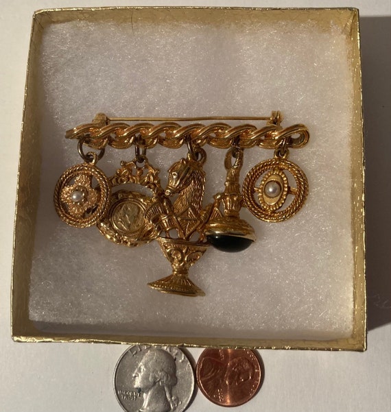 Vintage Brass Charm Brooch, Pin, Maxine Denker, Pearls, Horse, Spinning, Lady, Trophy, Glass Stone, Quality, Fashion, Unique, Made in USA