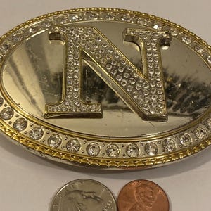 Hebilla de cinturón de metal vintage, letra N, inicial N, diseño de piedras brillantes, bonito diseño del oeste, 11,5 x 8,9 cm, estilo vaquero, resistente, de calidad.
