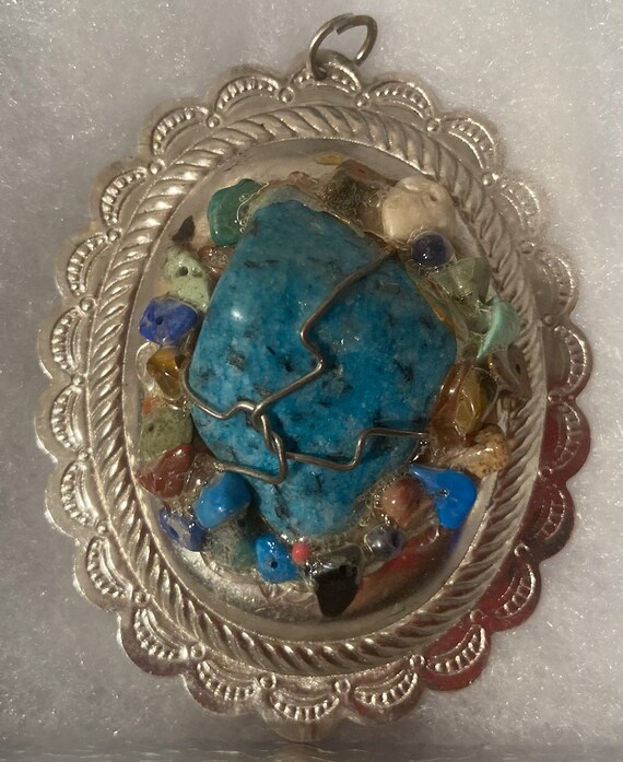 Vintage Metal Silver and Turquoise Pendant, Color… - image 1