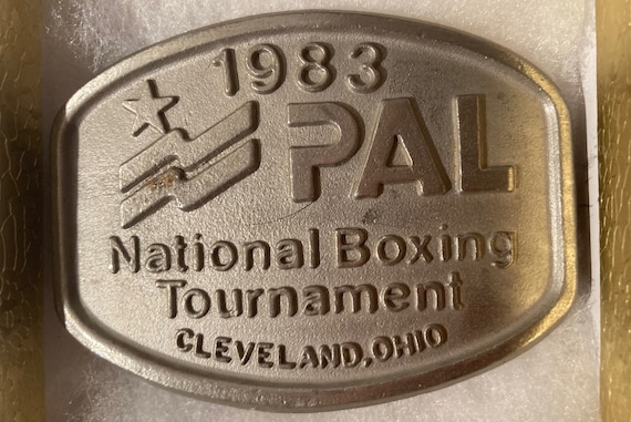 Vintage 1983 Metal Belt Buckle, PAL National Boxing Tournament, Cleveland, Ohio, Nice Western Design, 3 1/4" x 2 1/2", Heavy Duty, Quality
