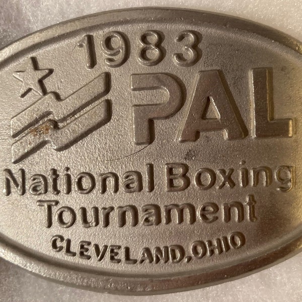 Vintage 1983 Metal Belt Buckle, PAL National Boxing Tournament, Cleveland, Ohio, Nice Western Design, 3 1/4" x 2 1/2", Heavy Duty, Quality