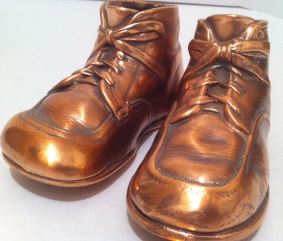 Vintage Metal Copper Set of 2 Kids Baby Shoes, Me… - image 1