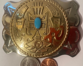 Vintage Metal Belt Buckle, Cowboy Style, Nickle Silver, Bell Trading Post, Turquoise, Heavy Duty, Quality, Thick Metal, Country and Western