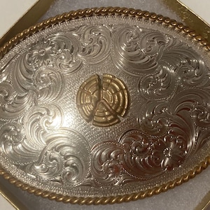 Vintage Metal Belt Buckle, Nice Silver and Brass, Montana Silversmiths, Logging, Woodsman, Lumber, Tree, Nice Western Design