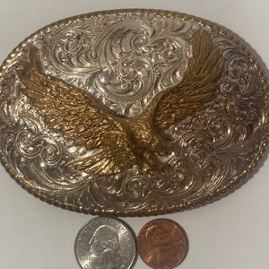 Vintage Metal Belt Buckle, Silver and Brass, American Bald  display picture 3