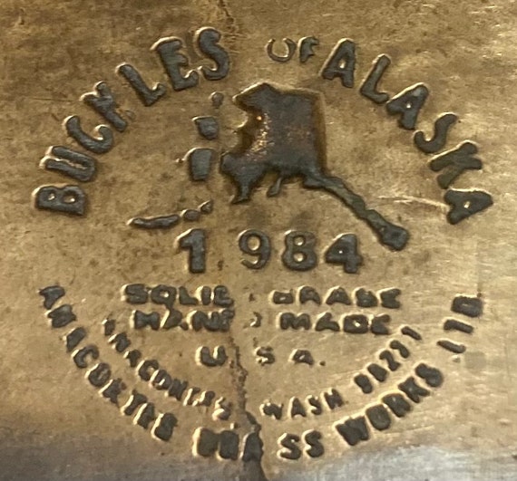 Vintage 1984 Metal Belt Buckle, Brass, Alyeska El… - image 5