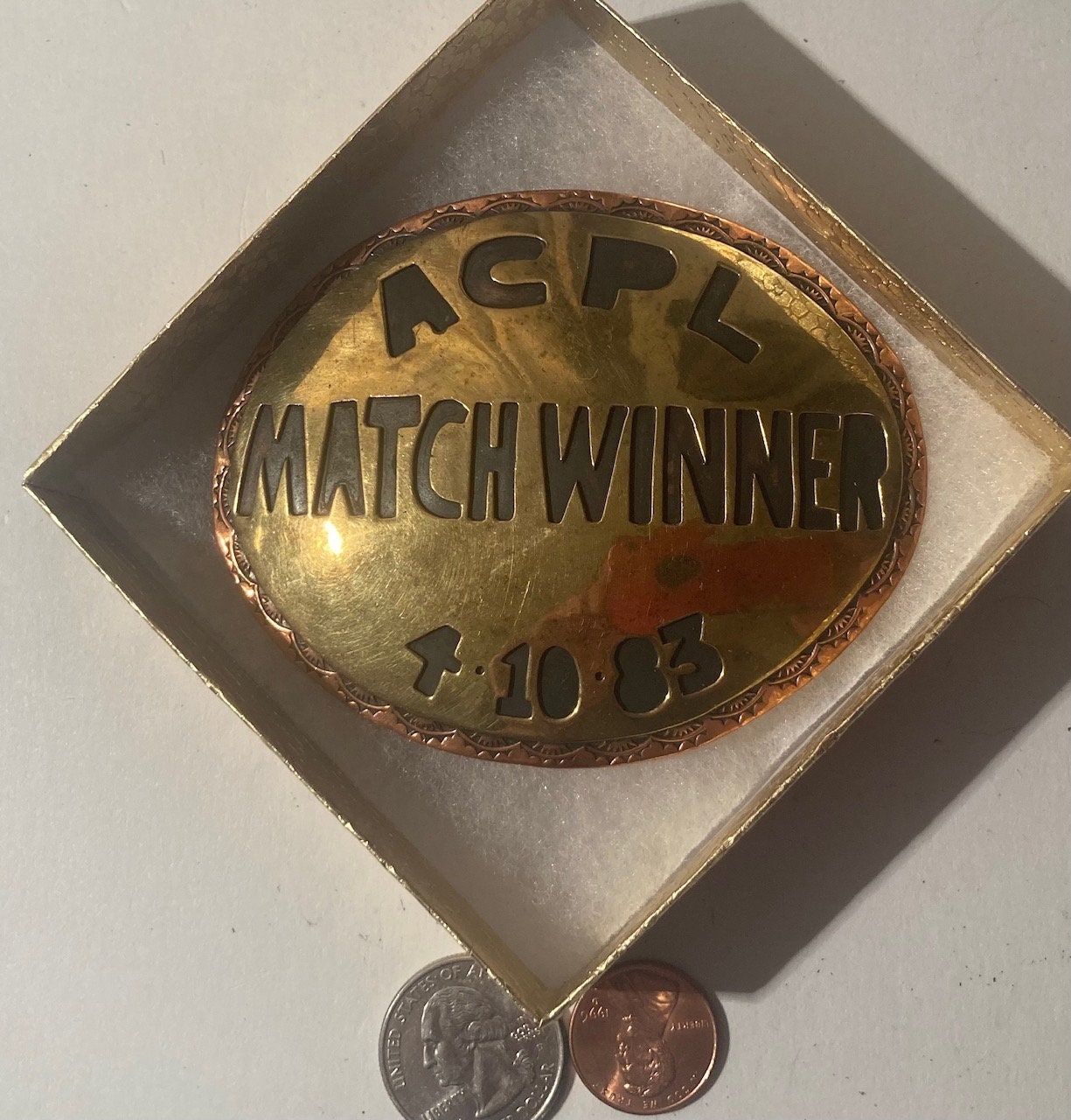 Vintage 1983 Metal Belt Buckle, ACPL Match Winner, Copper