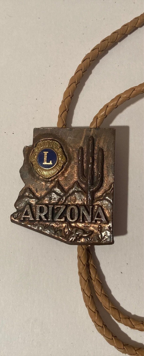 Vintage Metal Bolo Tie, Brass, Arizona, Masons, Masonic, Lions International, Nice Leather Rope, Nice Design, 1 3/4" x 1 3/4", Nice Design