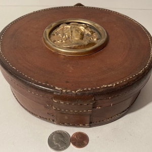 Vintage Leather Container, Box, Very Thick Quality Leather, Antique Lady Emblem, 7 1/2&quot; X 2 1/2&quot;, Quality, Heavy Duty, Western, Storage Box