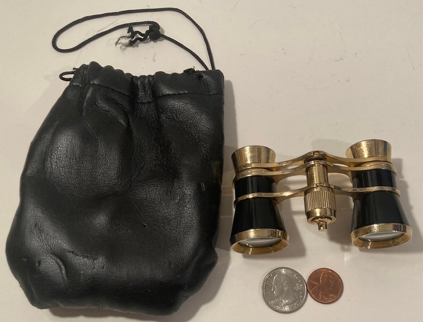 Vintage Set of Brass Opera Glasses, Gold and Black, Leather Pouch, Quality, Binoculars