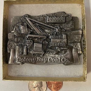 Vintage 1989 Metal Belt Buckle, Peabody, Colony Bay Coal Company, Nice Design, 3 1/2&quot; x 2 1/2&quot;, Heavy Duty, Quality, Thick Metal