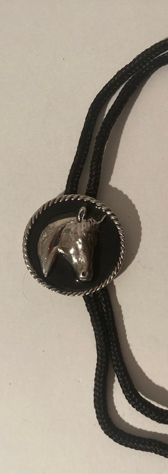 Vintage Metal Bolo Tie, Nice Silver and Black Enam