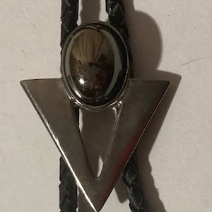 Vintage Metal Bolo Tie, Silver with Nice Silver Stone Design, 1 3/4&quot; x 1 1/2&quot;, Nice Western Design, Quality, Heavy Duty, Made in USA