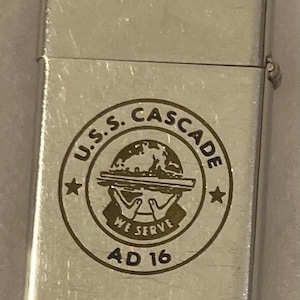 Vintage Metal Zippo Lighter, U.S.S. Cascade AD-16, Destroyer Tender Ship, Navy, Command Lighter, Zippo, A Few Dings On It, Made in USA