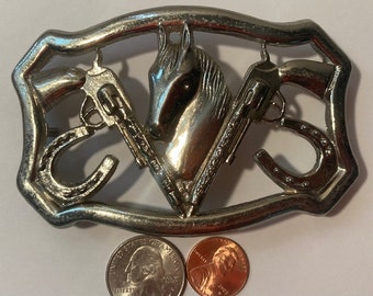 Vintage Metal Belt Buckle, Horse, Horseshoes, Nice Western Design, 4" x 2 3/4", Heavy Duty, Made in USA, Quality, Thick Metal