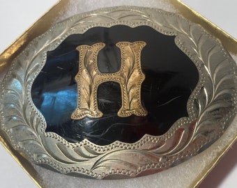 Vintage Metal Belt Buckle, Silver, Black and Brass, Letter H, Initial H, Nice Western Design, 4" x 2 3/4", Heavy Duty, Quality