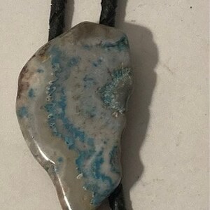 Vintage Metal Bolo Tie, Nice Blue and White Stone Design, Nice Western Design, 2&quot; x 1 1/4&quot;, Quality, Heavy Duty, Made in USA, Country