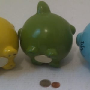 3 Vintage Ceramic Piggy Banks, Yellow, Green and Blue, Penny, Nickel and Dime, Shelf Display, Kids Room Decor, Savings Place, Piggy Banks