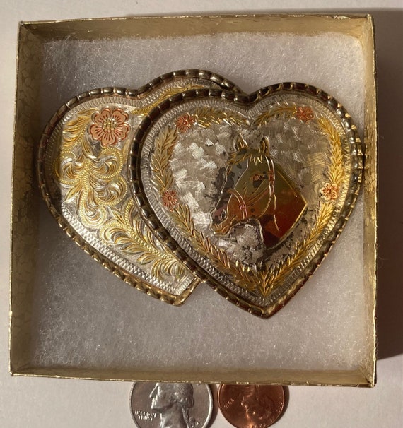 Vintage Metal Belt Buckle, Double Hearts, Horse, … - image 1