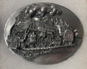 Vintage 1988 Metal Belt Buckle, Railroad, Train, Locomotive, Steam Engine, Nice Design, 3" x 2 1/2", Heavy Duty, Quality, Made in USA