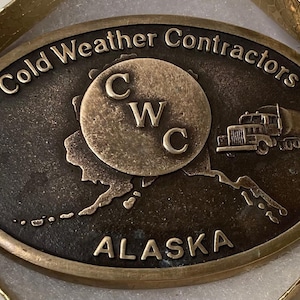 Vintage 1986 Metal Belt Buckle, Brass, Cold Weather Contractors, Alaska, Nice Western Style Design
