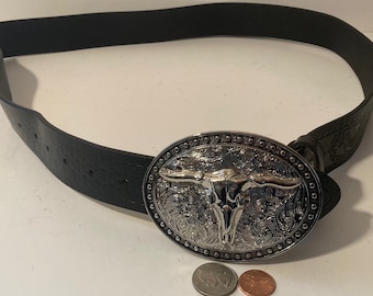 Vintage Leather Belt and Longhorn Bull Buckle, Hand Tooled, Heavy Duty, Quality, Size 38 to 44, Country and Western, Western Wear