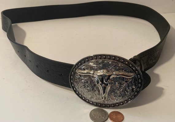 Western Tooled Leather Belt with Steer Skull Buckle - Black Western Black Country Utility Belt With Hidden Knife main image 4
