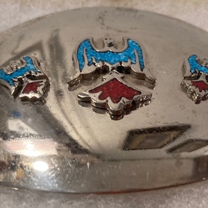 Vintage Metal Belt Buckle, Red and Blue Crushed Malachite Turquoise Stones, Eagle, Firebird, Nice Western Design