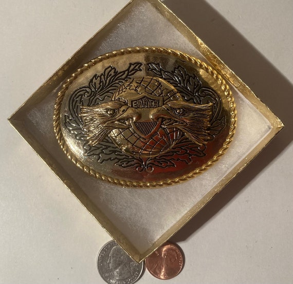 Vintage Metal Belt Buckle, Brass, Earth, Eagles, 3 1/2 display picture 3