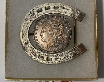 Vintage Metal Belt Buckle, Silver Horseshoe with 1921 Morgan Silver Dollar Coin, Nice Western Design, 2 3/4" x 2 1/2", Heavy Duty, Quality