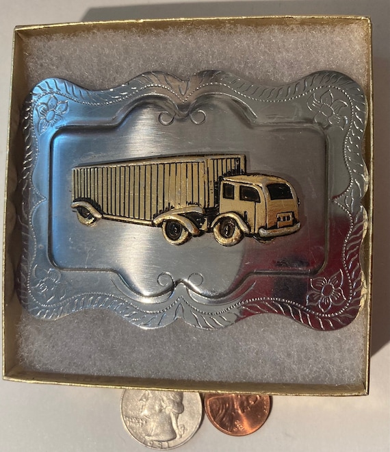 Boucle De Ceinture Vintage Semi-truck - Cuivre Et Argent Plaqué - 18 Roues - Occasion