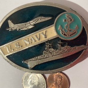 Vintage Metal Belt Buckle, U.S. Navy, Ship, Airplane, Jet, Destroyer, Anchor, Military, Made in USA, Quality, Heavy Duty, Fashion, Belts