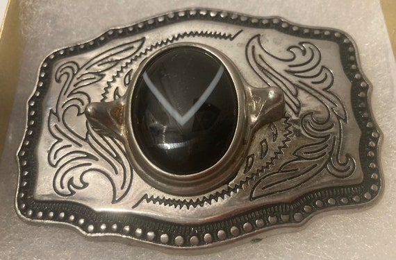 Vintage Metal Belt Buckle, Nice Black Stone Desig… - image 1