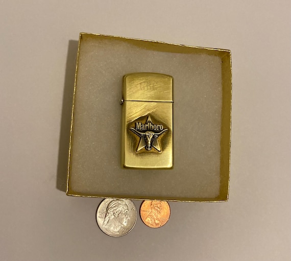 Vintage Metal Zippo Lighter, Brass, Marlboro, GBC, Texas Longhorn