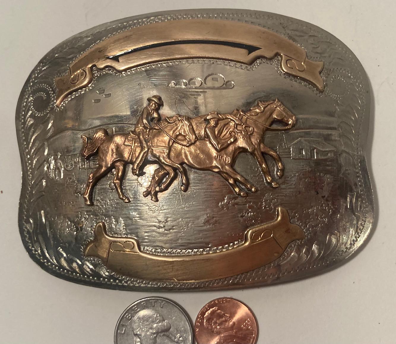 Vintage Metal Belt Buckle, German Silver and Brass, Horses