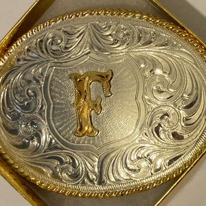 Vintage Metal Belt Buckle, Letter F, Initial F, Justin, Silver and Brass, Western Wear, Country and Western, Heavy Duty, 4&quot; x 3&quot;, Quality