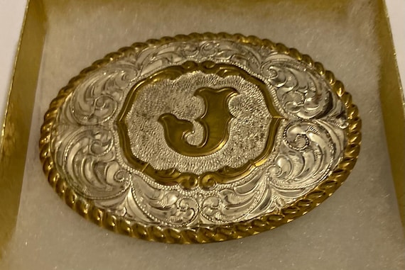 Vintage Metal Belt Buckle, Silver and Brass, Initial J  display picture 3