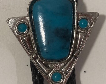 Vintage Metal Bolo Tie, Silver and Nice Turquoise Stones Design, Triangle, Nice Western Design, 1 1/2&quot; x 1 1/4&quot;, Quality, Heavy Duty
