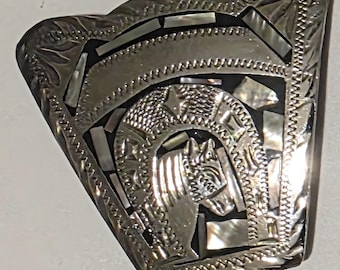 Krawat bolo z metalu w stylu vintage, piękny wzór ze srebra i abalonu, koń, podkowa, rdzenny, piękny wzór zachodni