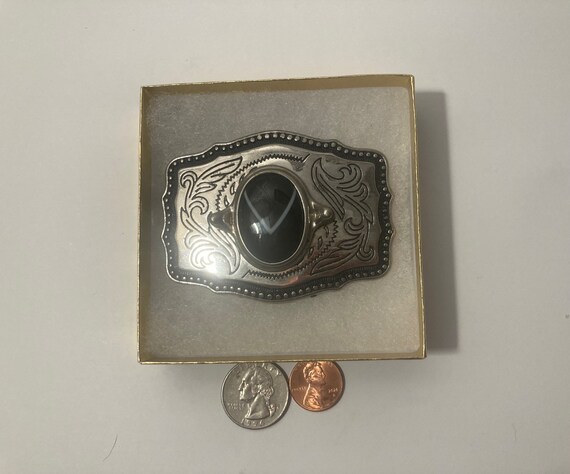 Vintage Metal Belt Buckle, Nice Black Stone Desig… - image 3