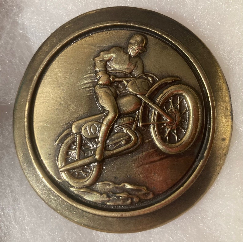 Vintage 1977 Metal Belt Buckle, Brass, Motorcycle, Dirt Bike, 2 1/2 x 2 1/2, Heavy Duty, Made in USA, Quality, Name, Country & Western image 3